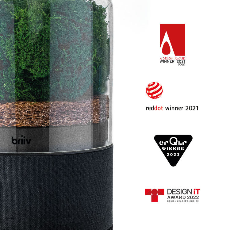 Briiv 2 surrounded by awards logos for winning the A'Design 2021 award, Red Dot 2021 award, crQlr 2023 award and Design iT 2022 award.