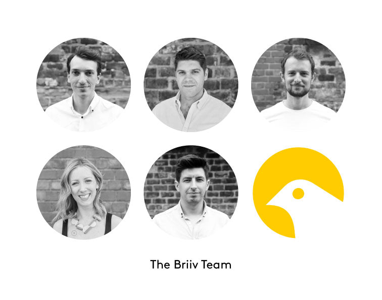 Five photographs of the Briiv team members alongside the Briiv logo.