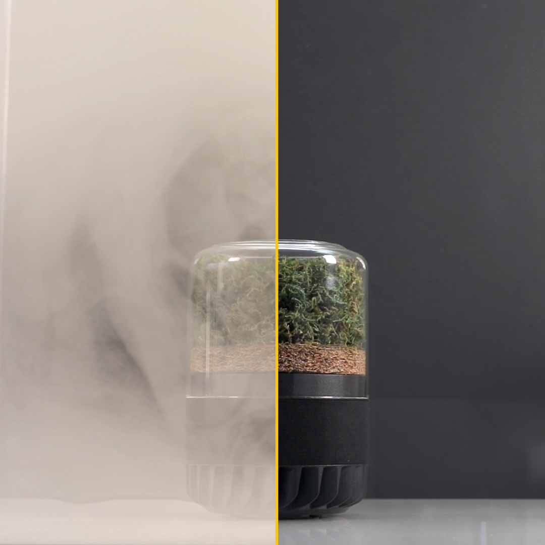 Room full of smoke before and clear air after activating briiv.