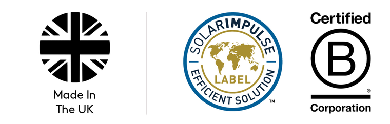 Made in the UK, Certified B Corporation, and Solar Impulse Efficient Solution logos, representing sustainability, ethical business, and efficiency.